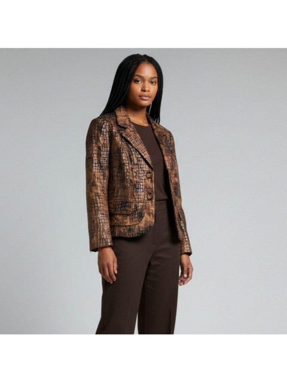 Insight Faux Embossed Alligator Cropped Jacket Blazer Brown Size 14